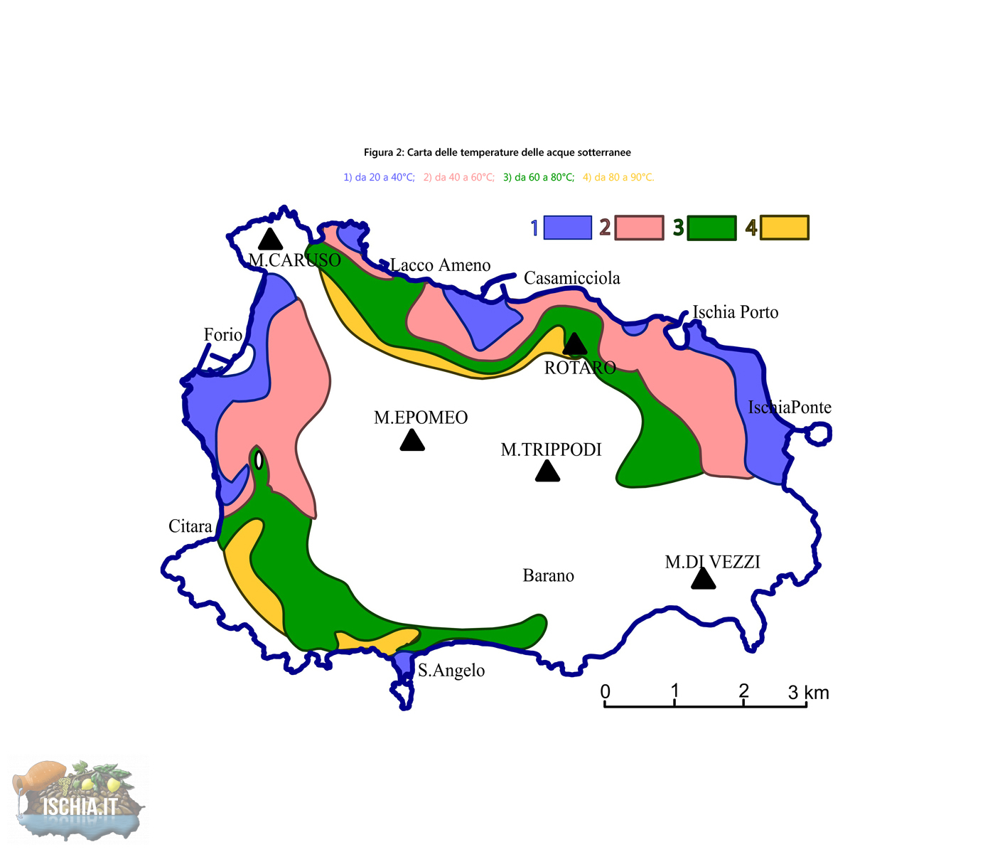 Mappa delle temperature delle acque dell'isola d'Ischia